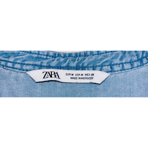 ZARA Lt Wash Chambray V-neck Chest Pockets Tab Sleeves Top Blouse M - Picture 5 of 6